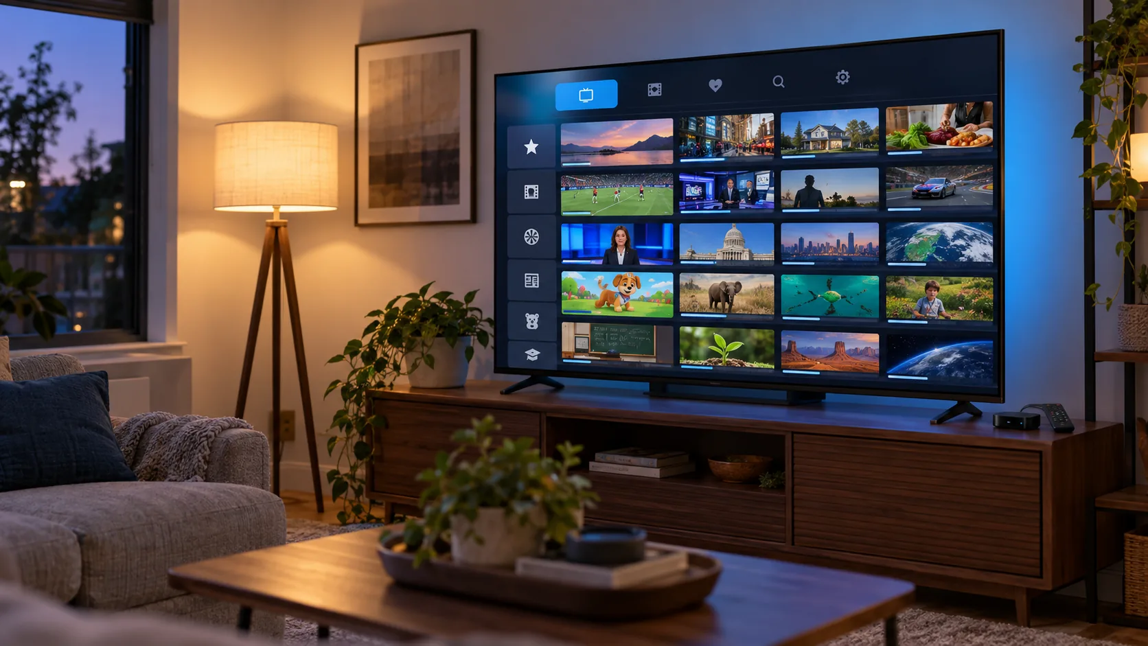Television in a US living room showing a sample live TV guide interface