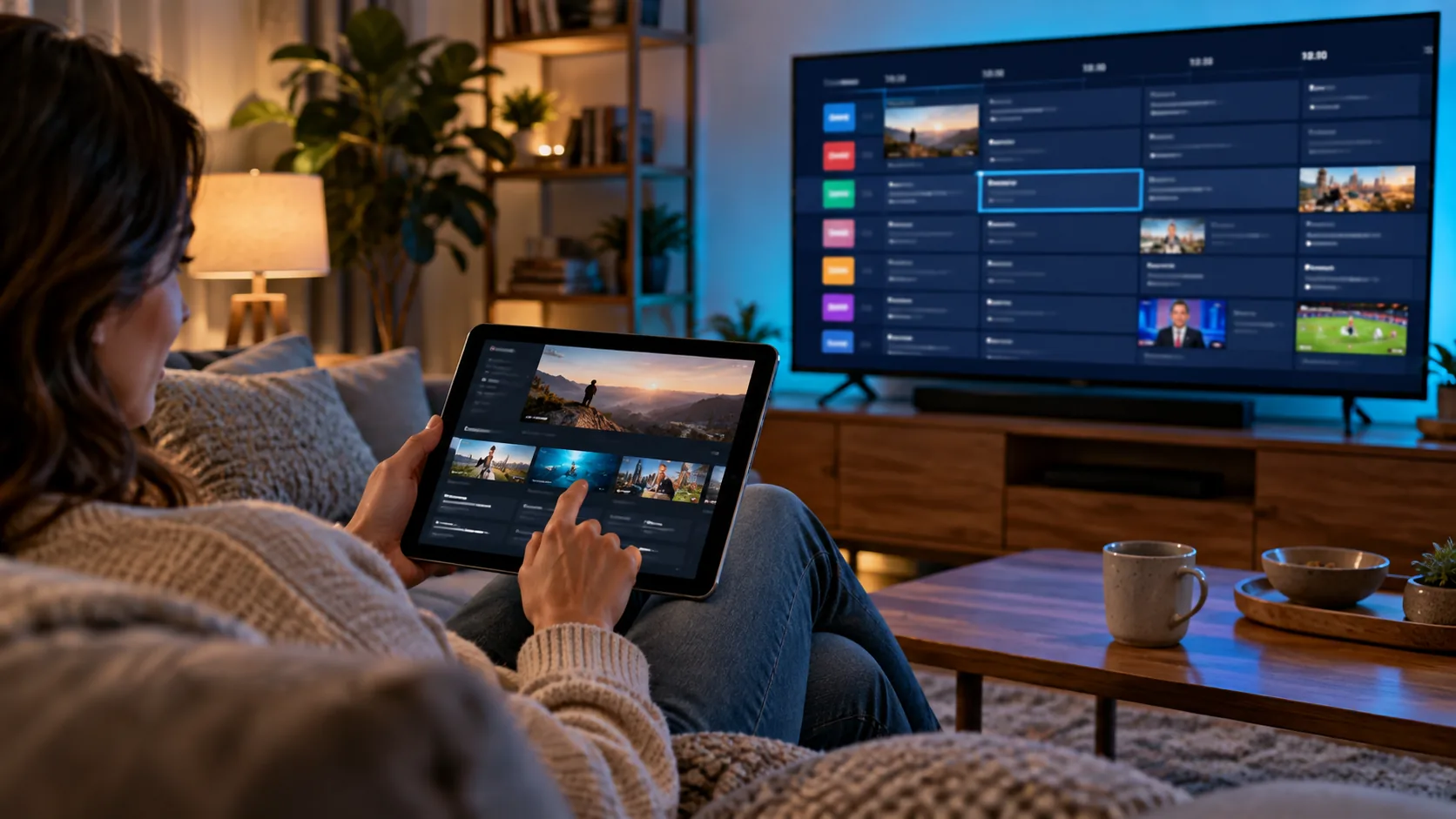 Tablet and TV in a home viewing setup